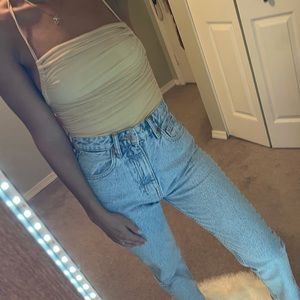 Tan ruched tie back body suit size small